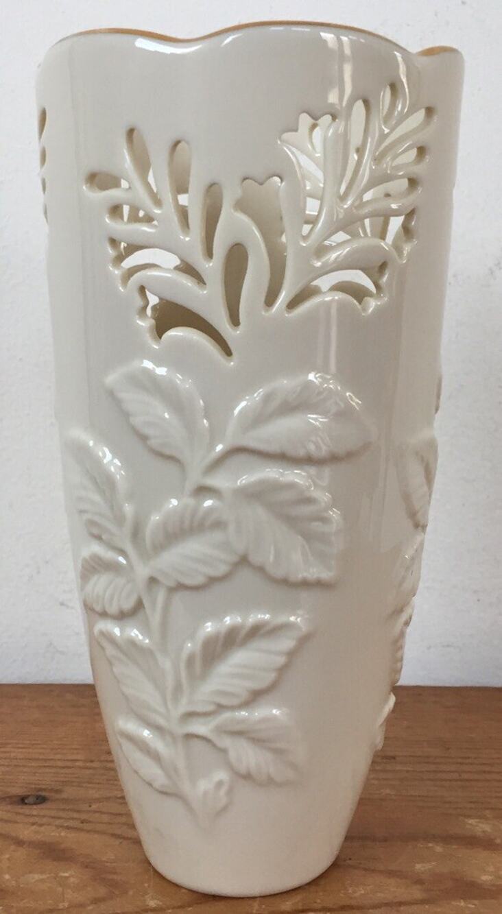Vintage Lenox Porcelain Cream Gold Rimmed Floral Cut Out Vase USA Made 6.75"